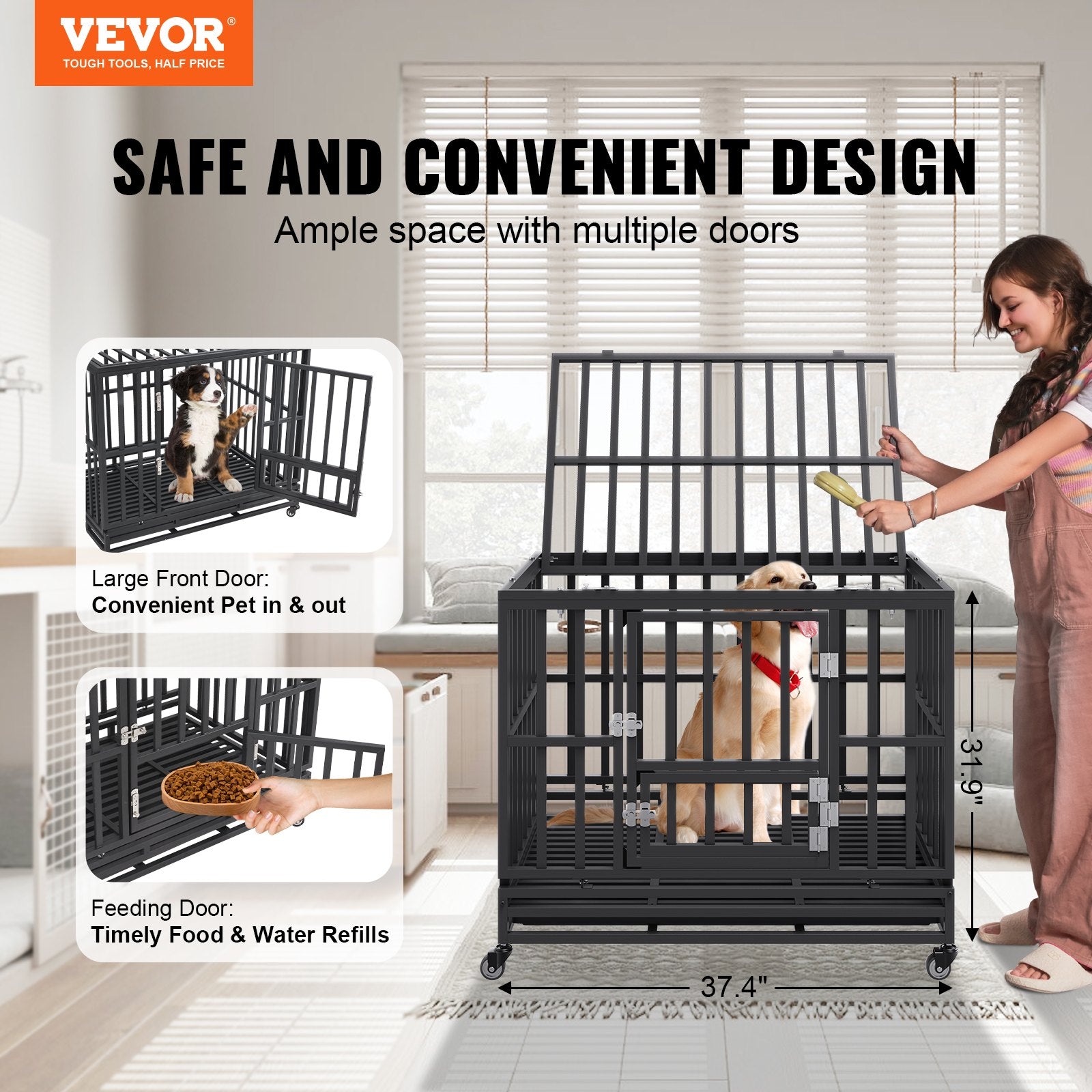 Heavy Duty Dog Crate 38 in Metal Dog Kennel with Wheels and Removable Tray Pet Care > Dog Supplies > Dog Kennels Woofy and Whiskers