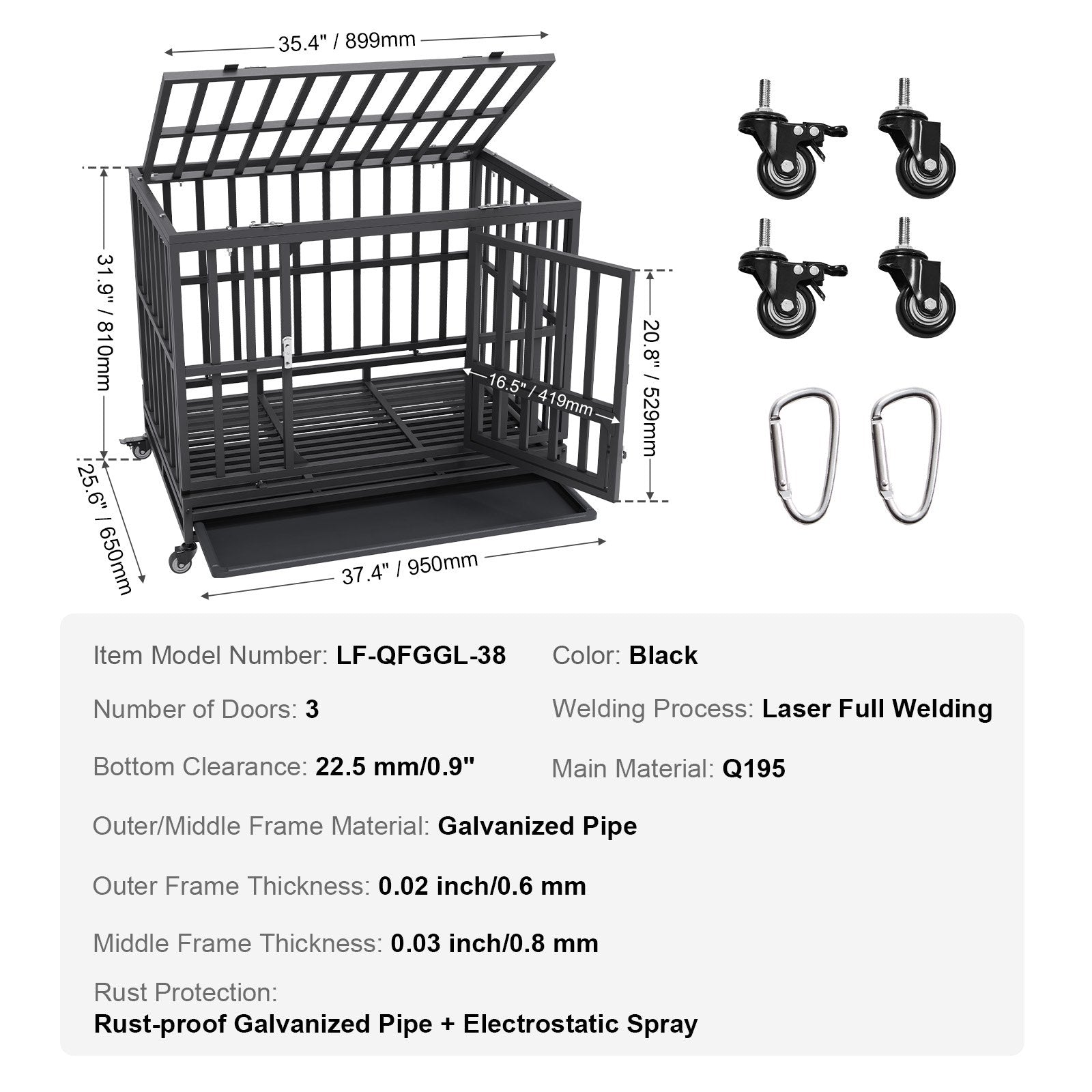 Heavy Duty Dog Crate 38 in Metal Dog Kennel with Wheels and Removable Tray Pet Care > Dog Supplies > Dog Kennels Woofy and Whiskers