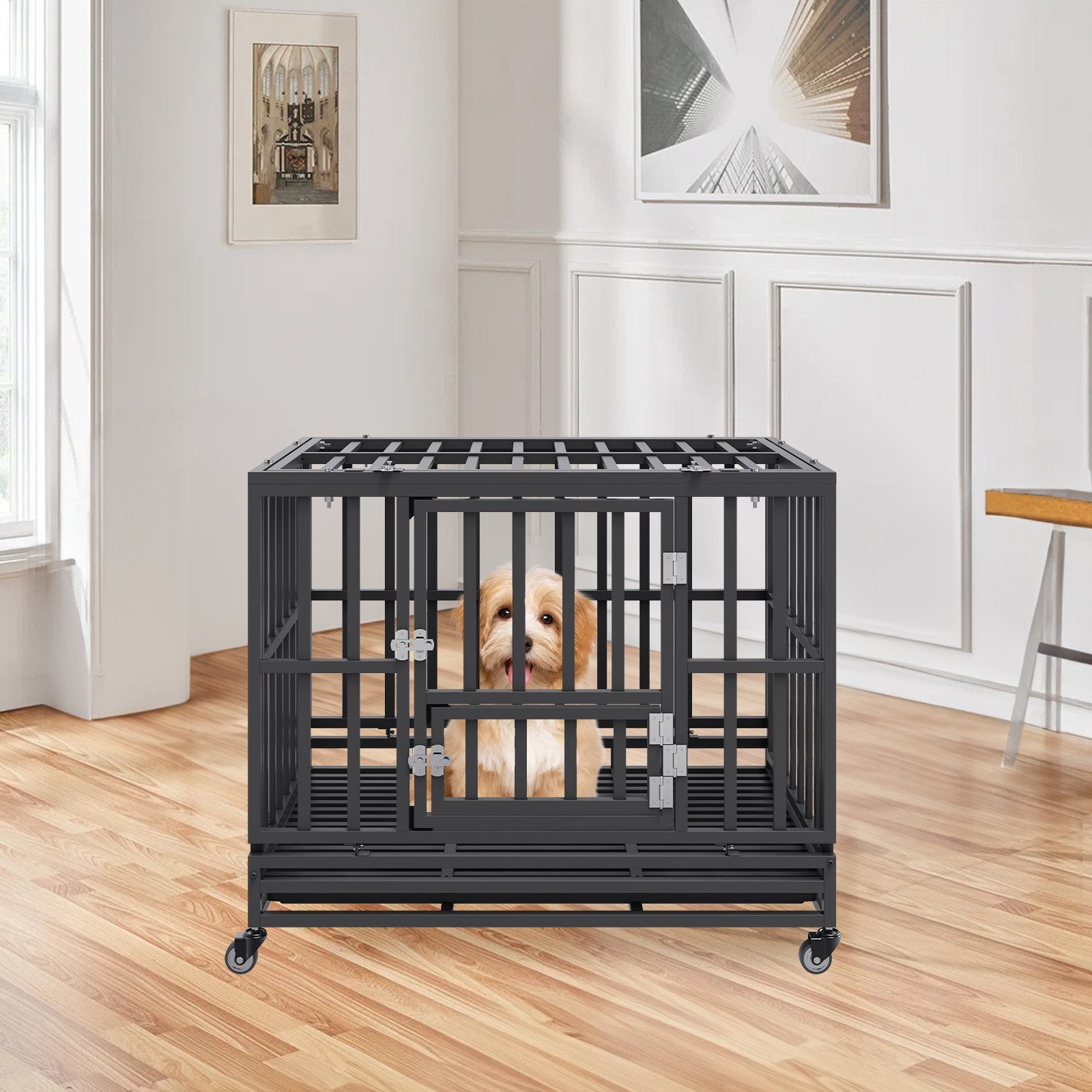 Heavy Duty Dog Crate 38 in Metal Dog Kennel with Wheels and Removable Tray Pet Care > Dog Supplies > Dog Kennels Woofy and Whiskers