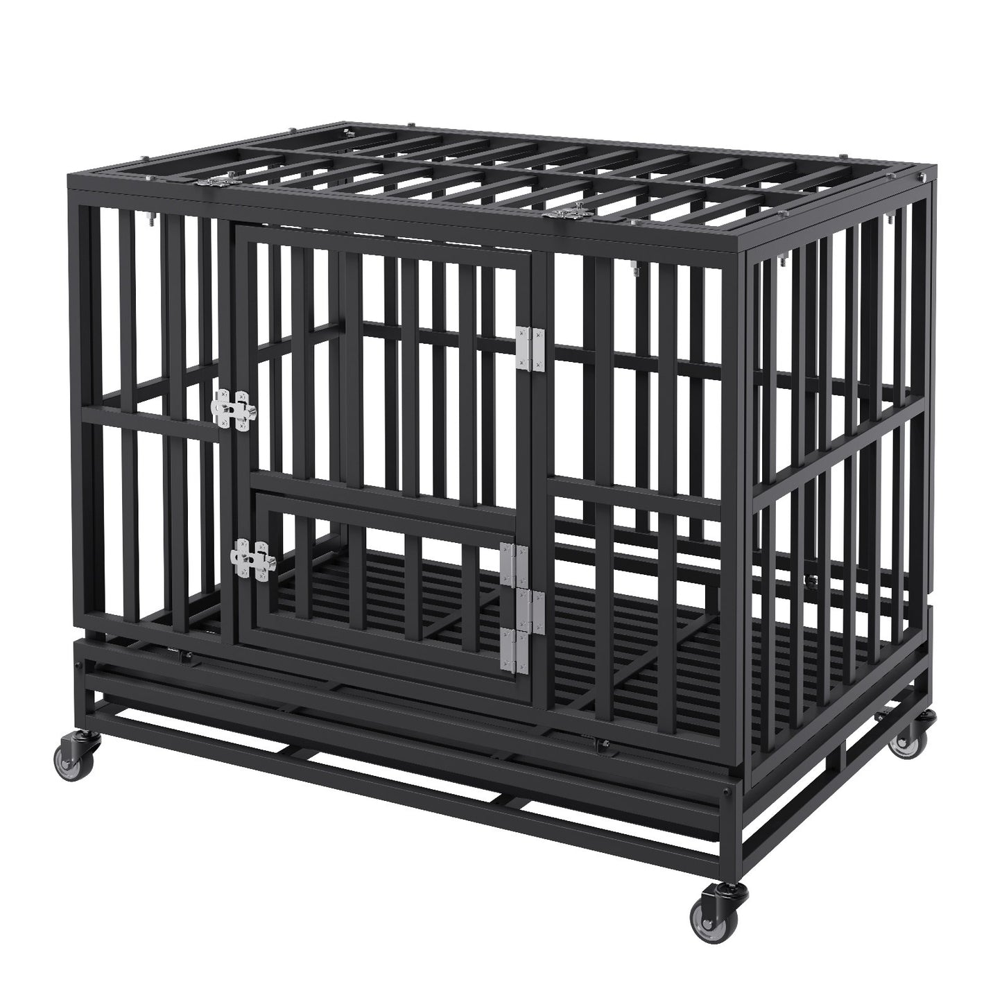 Heavy Duty Dog Crate 38 in Metal Dog Kennel with Wheels and Removable Tray Pet Care > Dog Supplies > Dog Kennels Woofy and Whiskers