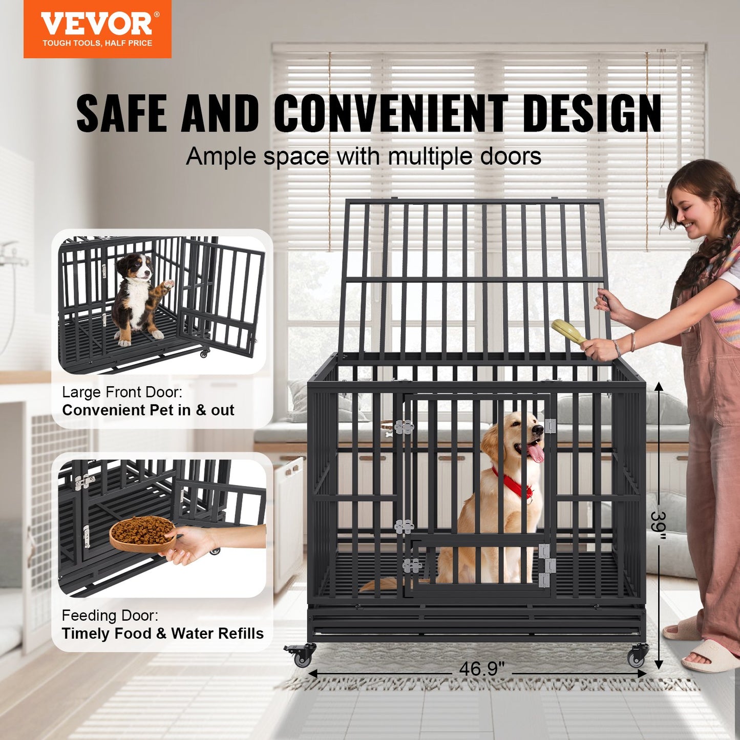 47 Inch Heavy Duty Dog Crate, Indestructible Dog Crate, 3-Door Heavy Duty Dog Kennel for Medium to Large Dogs with Lockable Wheels and Removable Tray, High Anxiety Dog Crate for Indoor & Outdoor Pet Care > Cat Supplies > Cat Carriers & Crates Woofy and Whiskers