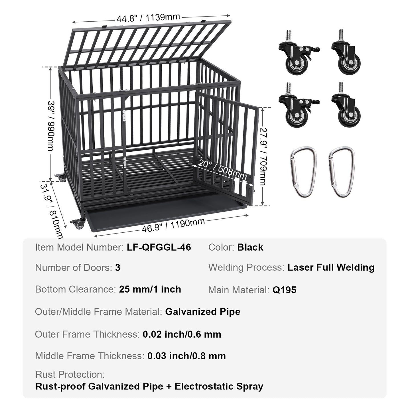47 Inch Heavy Duty Dog Crate, Indestructible Dog Crate, 3-Door Heavy Duty Dog Kennel for Medium to Large Dogs with Lockable Wheels and Removable Tray, High Anxiety Dog Crate for Indoor & Outdoor Pet Care > Cat Supplies > Cat Carriers & Crates Woofy and Whiskers