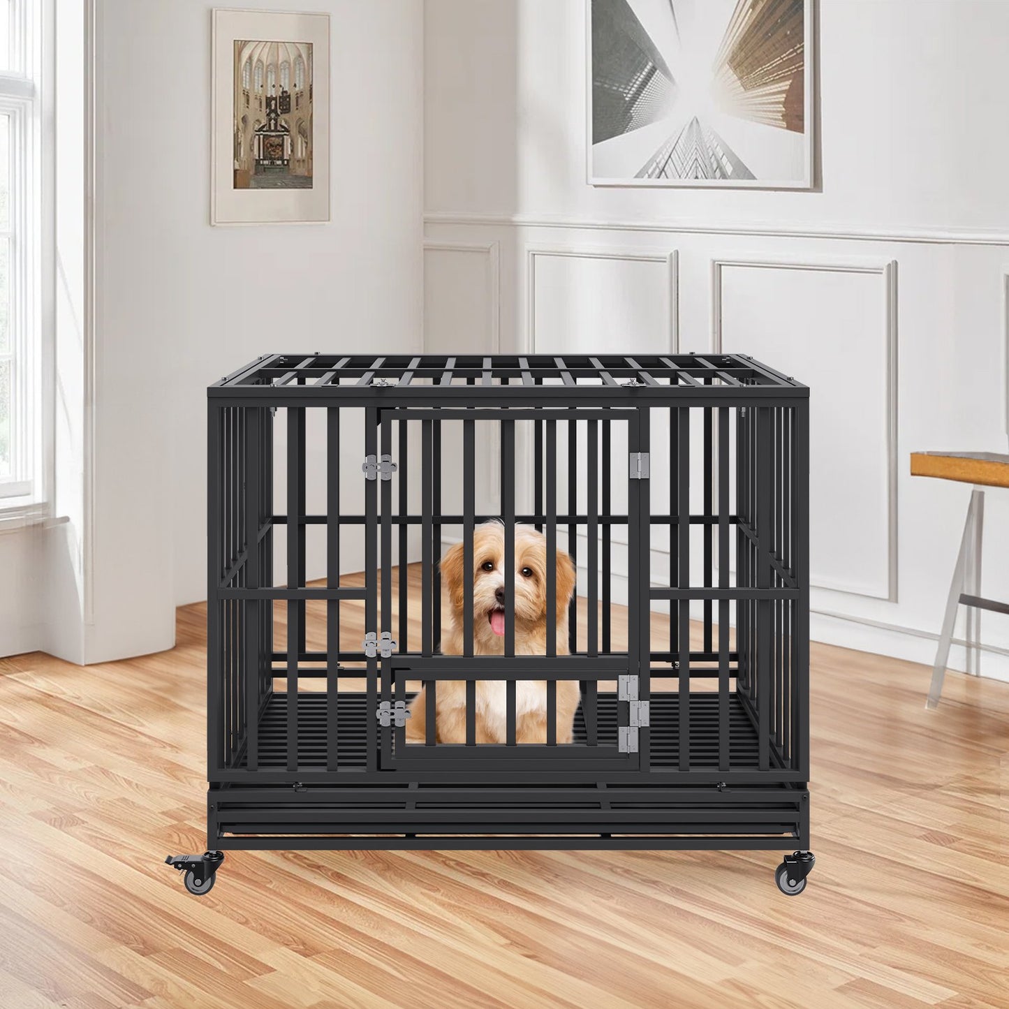 47 Inch Heavy Duty Dog Crate, Indestructible Dog Crate, 3-Door Heavy Duty Dog Kennel for Medium to Large Dogs with Lockable Wheels and Removable Tray, High Anxiety Dog Crate for Indoor & Outdoor Pet Care > Cat Supplies > Cat Carriers & Crates Woofy and Whiskers