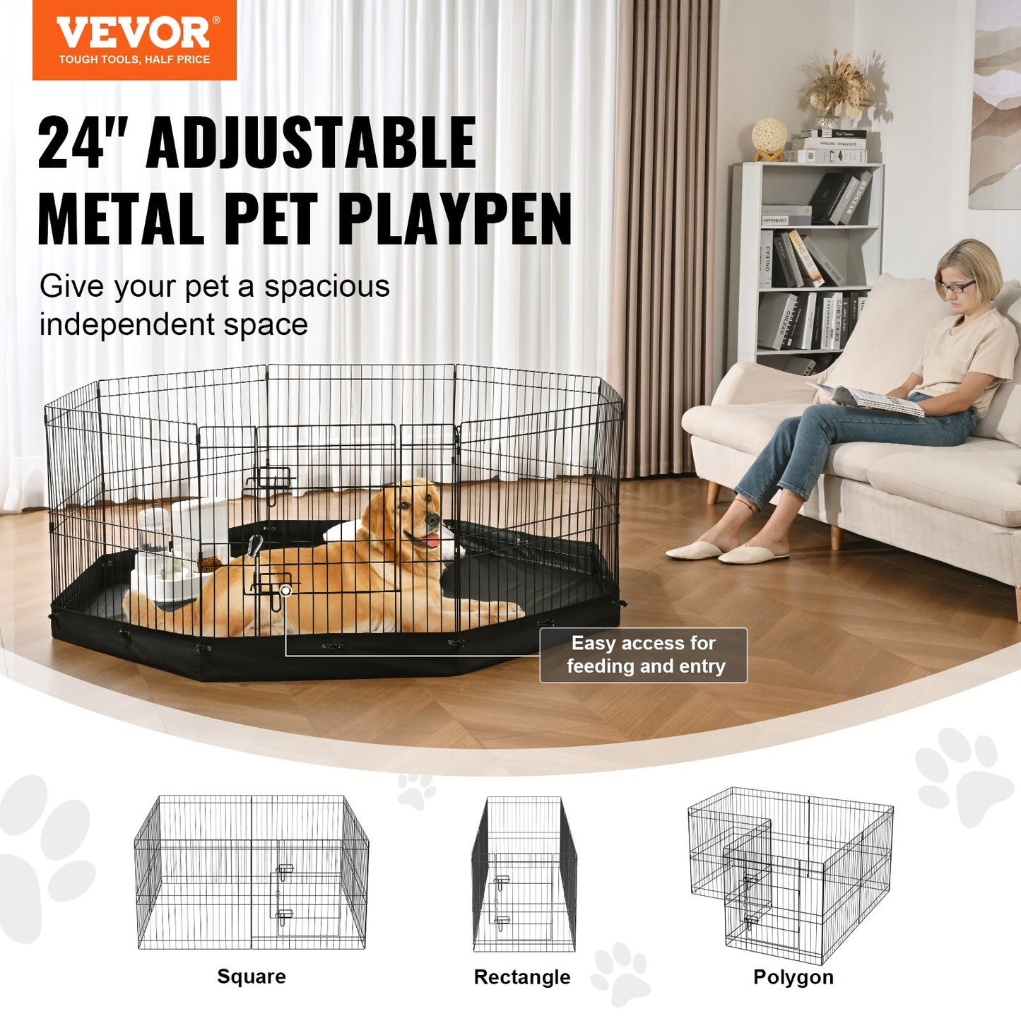 Dog Playpen, 8 Panels Foldable Metal Dog Exercise Pen with Bottom Pad, 24" H Pet Fence Puppy Crate Kennel with Ground Stakes, Indoor Outdoor Dog Pen for Small Medium Pets, for Camping, Yard Pet Care > Dog Supplies > Dog Playpens & Gates Woofy and Whiskers