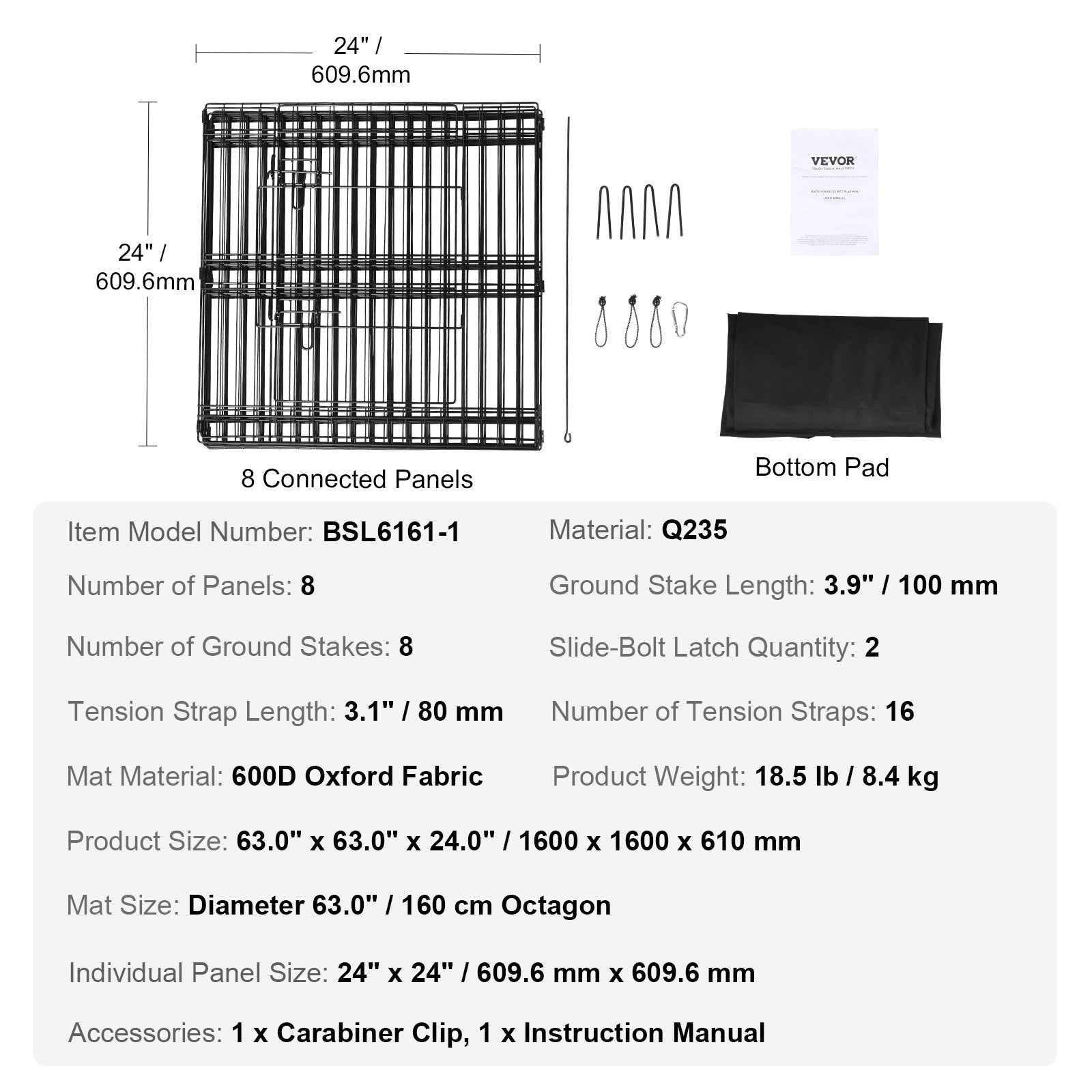 Dog Playpen, 8 Panels Foldable Metal Dog Exercise Pen with Bottom Pad, 24" H Pet Fence Puppy Crate Kennel with Ground Stakes, Indoor Outdoor Dog Pen for Small Medium Pets, for Camping, Yard Pet Care > Dog Supplies > Dog Playpens & Gates Woofy and Whiskers