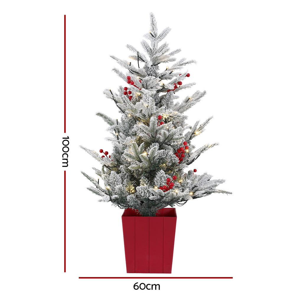 Jingle Jollys Christmas Tree 1M LED Potted Xmas Party Decor Red Barries Flocked Occasions > Christmas > Christmas Trees Woofy and Whiskers