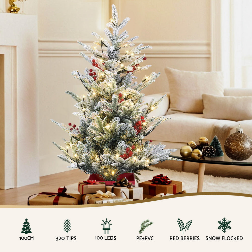 Jingle Jollys Christmas Tree 1M LED Potted Xmas Party Decor Red Barries Flocked Occasions > Christmas > Christmas Trees Woofy and Whiskers