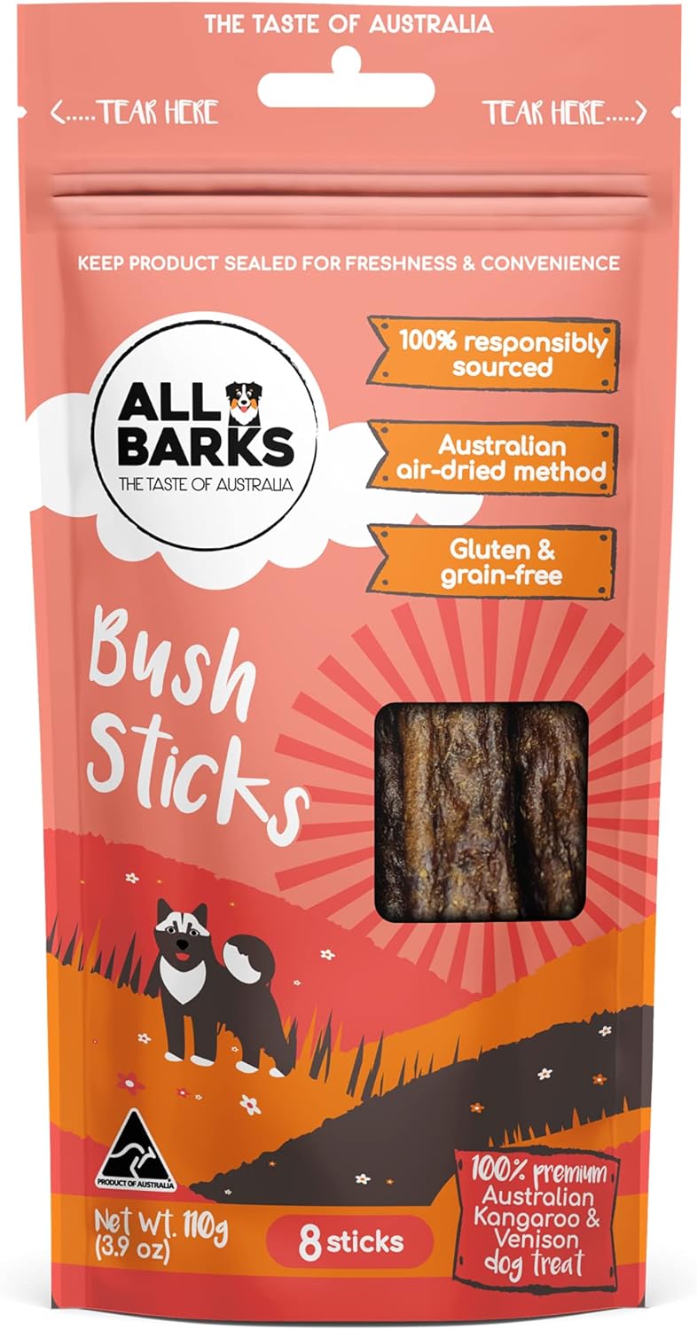 ALL BARKS Bush Sticks - 100% Aussie Venison & Kangaroo - Natural, Grain-Free, Australian Dog Treats - Snacks, Treats & Rewards for Your Dog - 8 Sticks per Bag Dog treats all barks