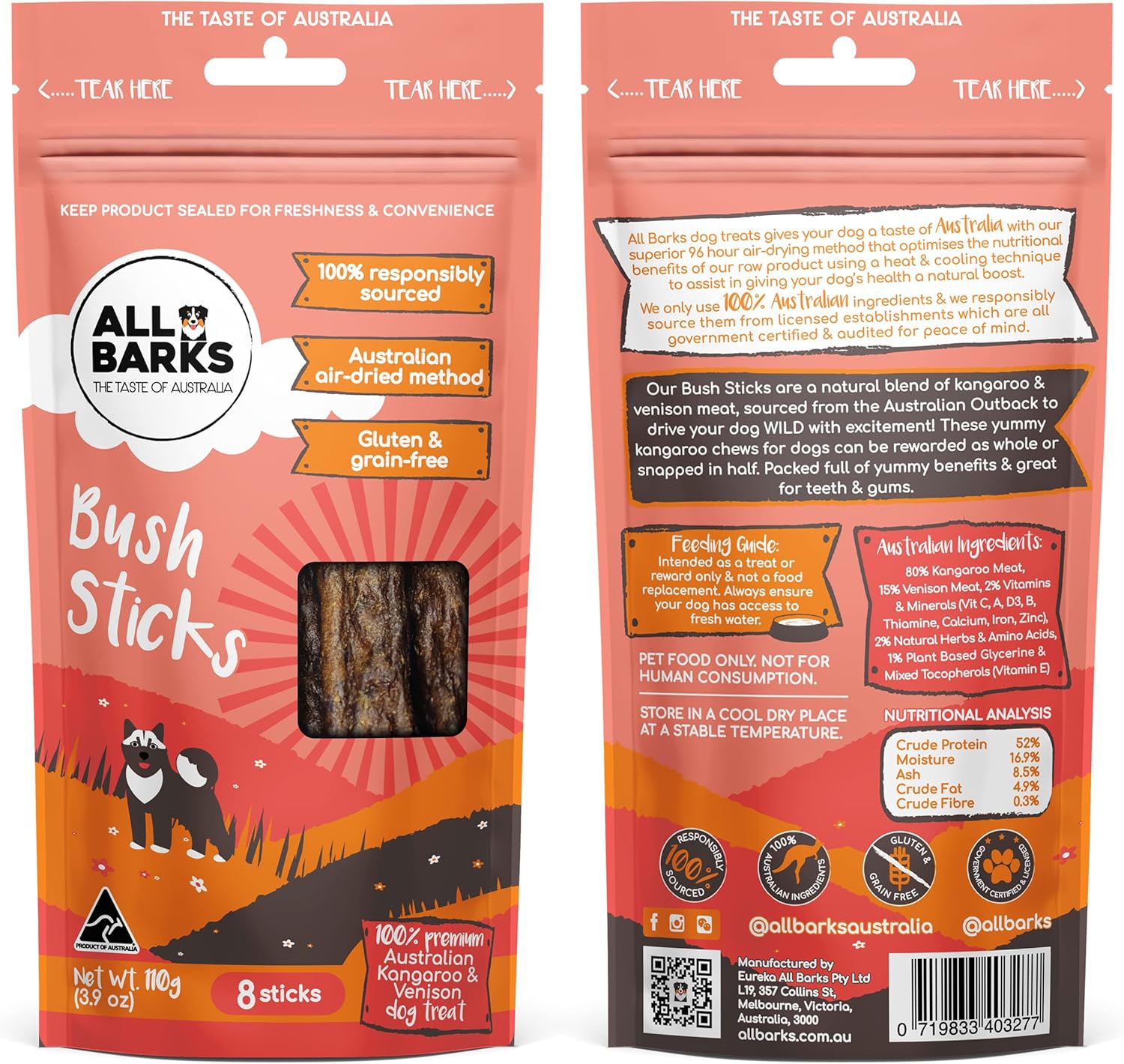 ALL BARKS Bush Sticks - 100% Aussie Venison & Kangaroo - Natural, Grain-Free, Australian Dog Treats - Snacks, Treats & Rewards for Your Dog - 8 Sticks per Bag Dog treats all barks Bush sticks