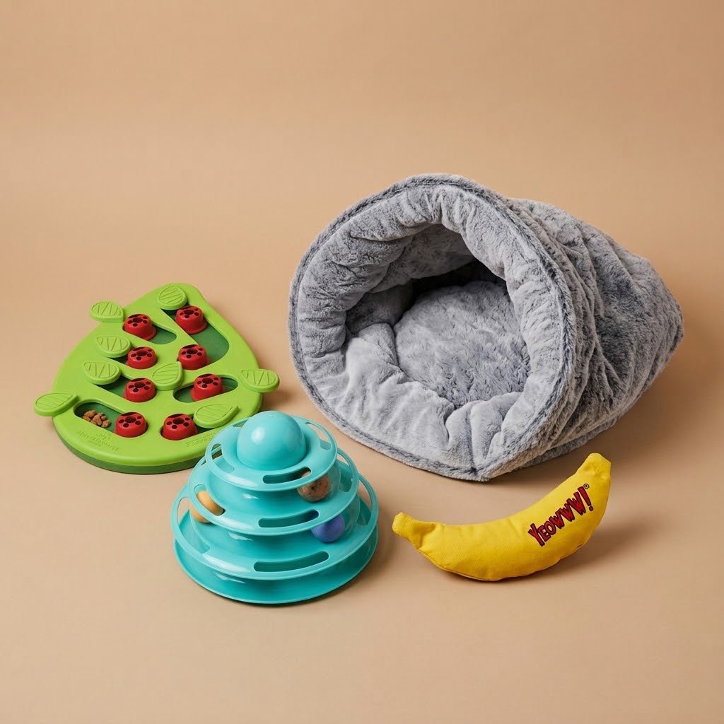 Cat Enrichment & Comfort Bundle | Nina Ottosson Puzzle, Cat Bed & Interactive Play Woofy and Whiskers Buggin out Level 2