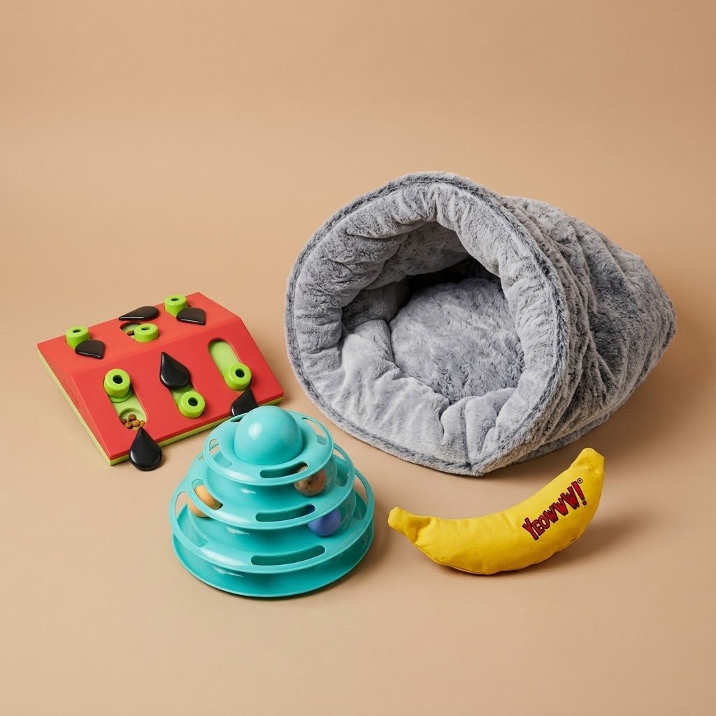 Cat Enrichment & Comfort Bundle | Nina Ottosson Puzzle, Cat Bed & Interactive Play Woofy and Whiskers Melon madness Level 2