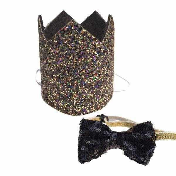 Dog Birthday Crown & Bow Tie Collar - Black/gold/multiWoofy and Whiskers