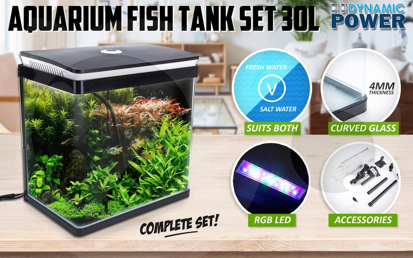 Dynamic Power Aquarium Fish Tank 30L Curved Glass RGB LED Pet Care > Aquarium Dynamic Power