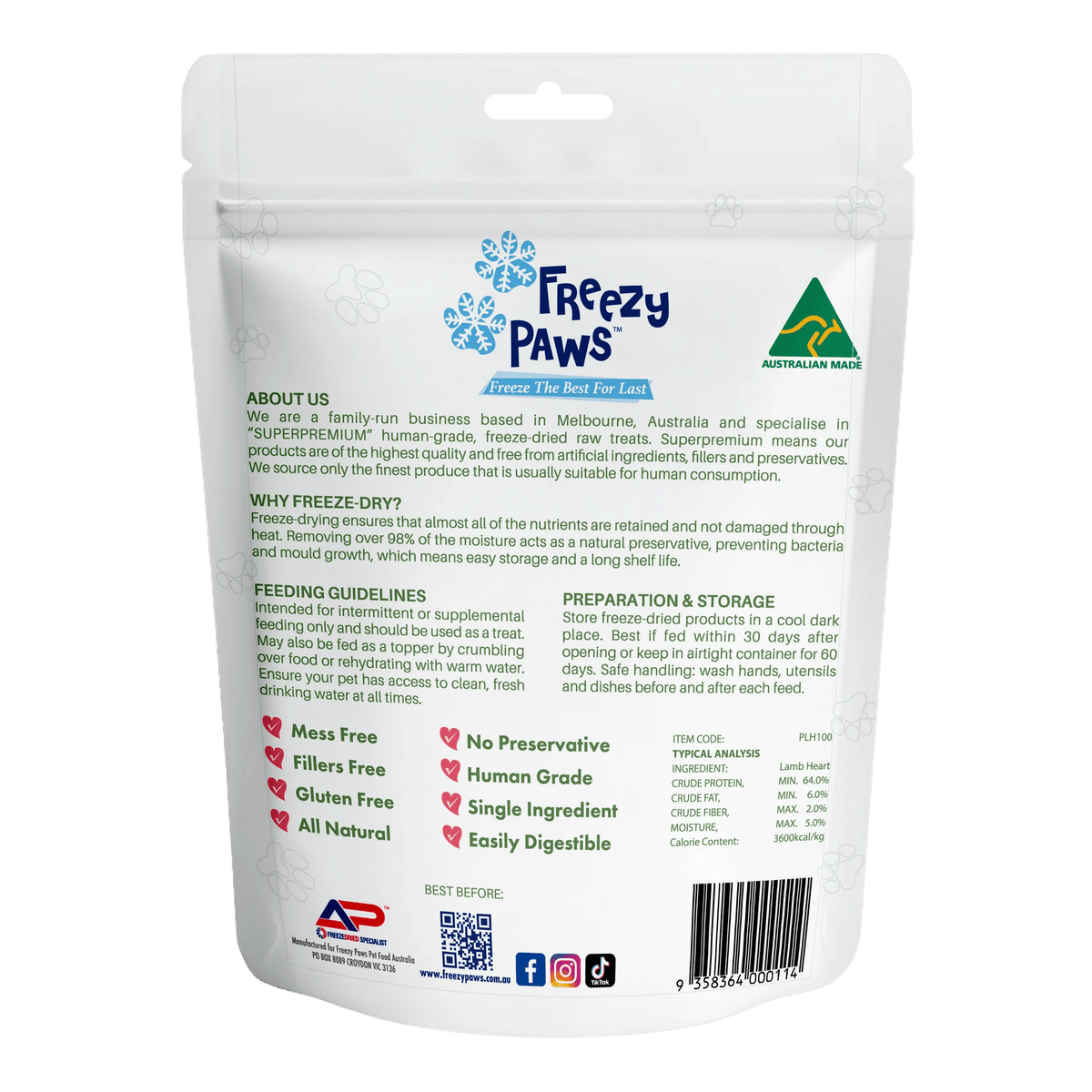 FREEZY PAWS FREEZE DRIED LAMB HEART TREATS 100G Dog treats freezy paws