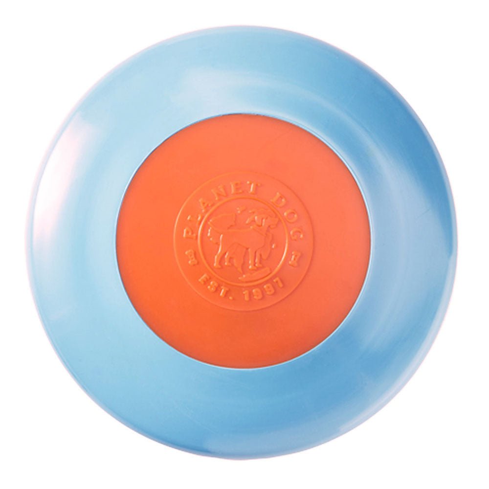 Planet dog zoom flyer frisbee dog toy in blue or orange small interactive dog toy Planet Dog Blue sizeApproximately 16.5cm
