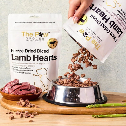 The paw grocer- freeze dried diced lamb hearts Woofy and Whiskers