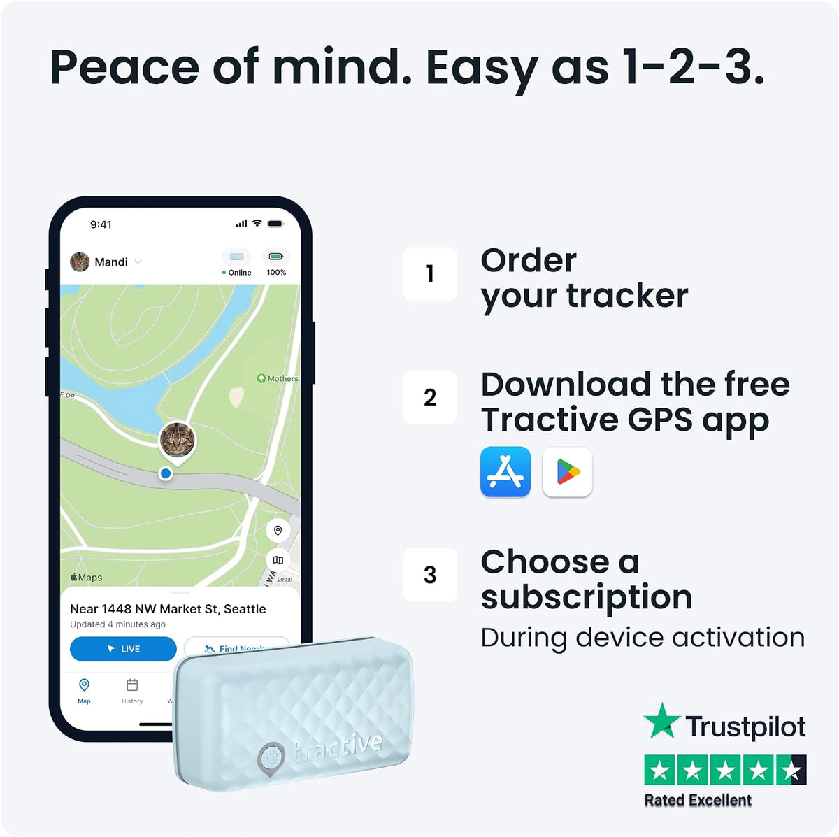 Tractive Mini GPS Cat Tracker | Market Leader | Real-Time Location Tracking | Location History | Monitor Activity | Collar Included tractive