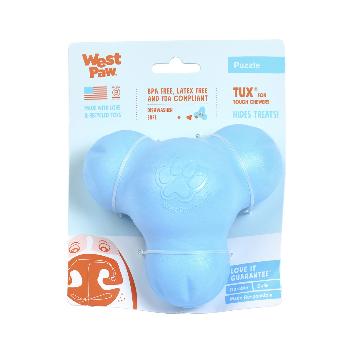 West Paw Tux Tough Puzzle Toy - Large - Bubblegum Eco friendly dog toy West Paw Design light blue