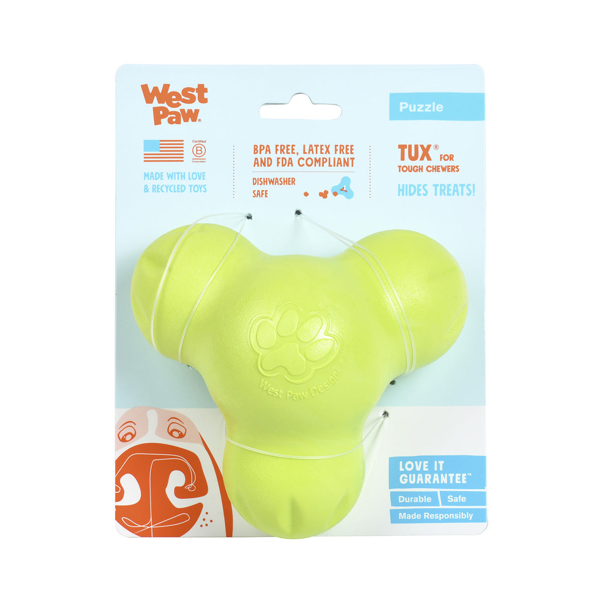 West Paw Tux Tough Puzzle Toy - Large - Bubblegum Eco friendly dog toy West Paw Design Green