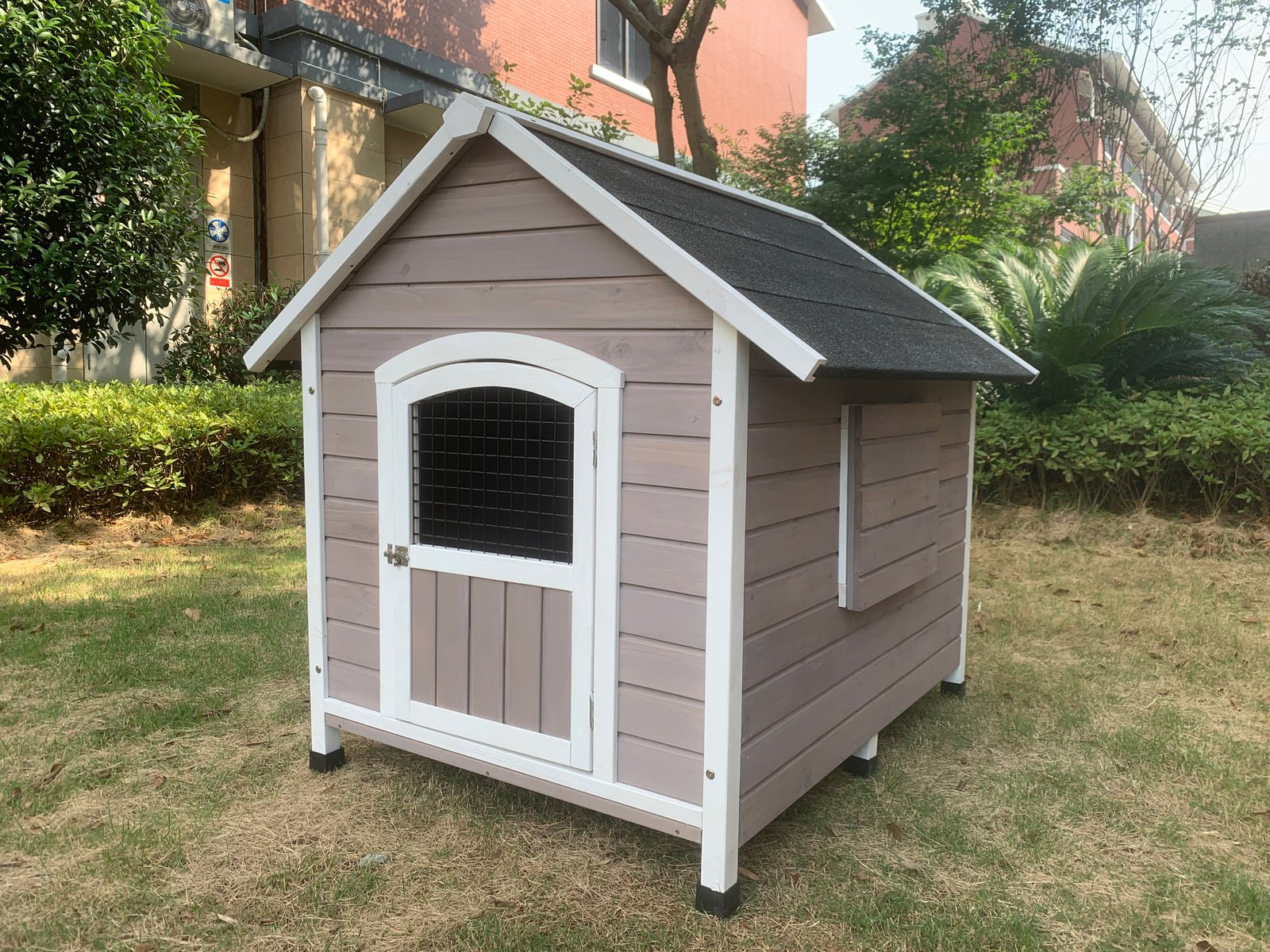 YES4PETS XL Timber Dog Kennel – Grey Cabin With Door Wooden Dog Kennel YES4PETS